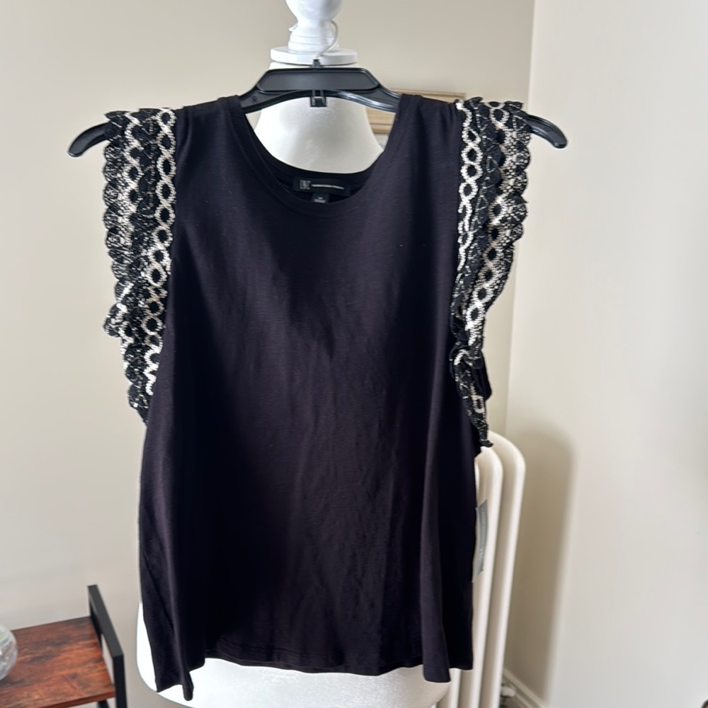 INC International Concepts Black Ruffled Sleeveless Blouse